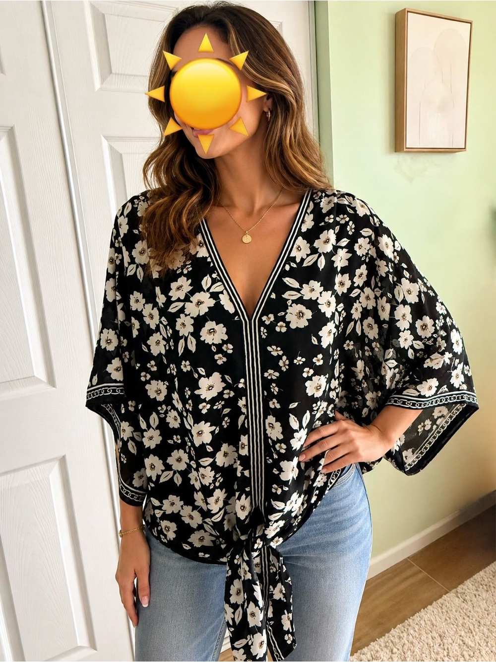 Max Studio Black Floral V-Neck Tie-Front Blouse